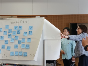 大崎麻子さんと萩原なつ子が模造紙を見ながら参加者の話を聞いている写真