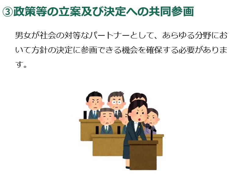 ③政策等の立案及び決定への共同参画　女性の議員が答弁している画像