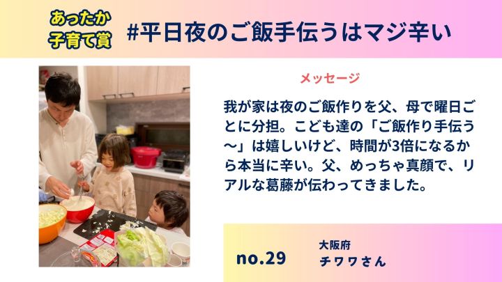 あったか子育て賞「＃平日夜のご飯手伝うはマジ辛い」のメッセージが書かれたスライド画像