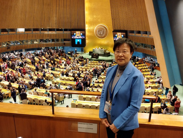 国連の議場にいる萩原なつ子の写真